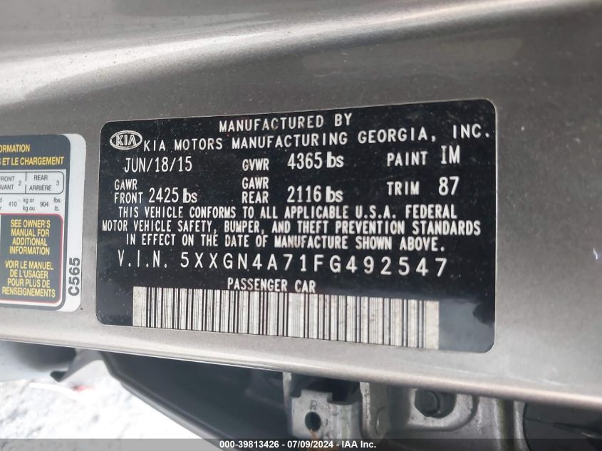 2015 Kia Optima Ex VIN: 5XXGN4A71FG492547 Lot: 39813426