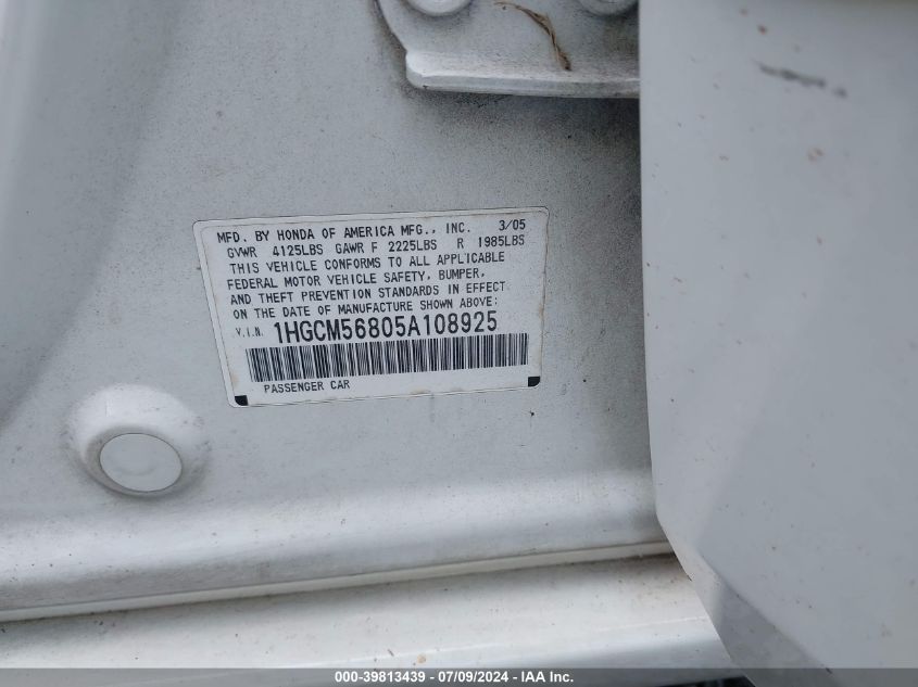 2005 Honda Accord Ex VIN: 1HGCM56805A108925 Lot: 39813439