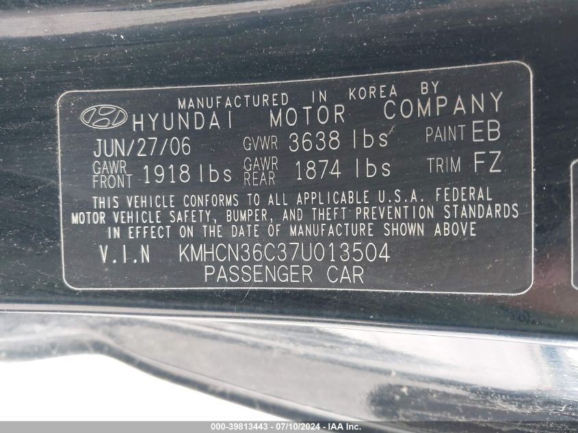 2007 Hyundai Accent Se VIN: KMHCN36C37U013504 Lot: 39813443
