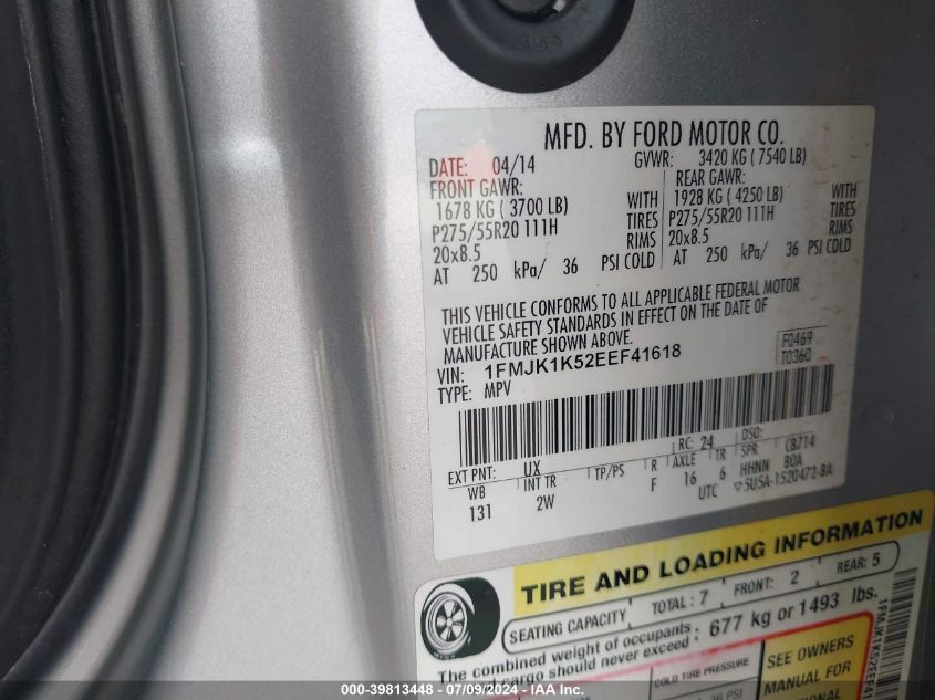 2014 Ford Expedition El El Limited VIN: 1FMJK1K52EEF41618 Lot: 39813448