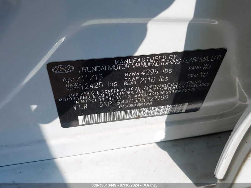 2013 Hyundai Sonata Gls VIN: 5NPEB4AC3DH727190 Lot: 39813449