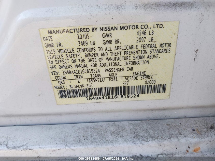 2006 Nissan Maxima 3.5 Se/3.5 Sl VIN: 1N4BA41E16CH19524 Lot: 39813459