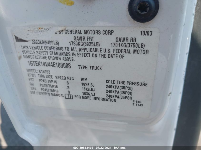 2004 GMC Sierra 1500 Work Truck VIN: 1GTEK14V44E188008 Lot: 39813466