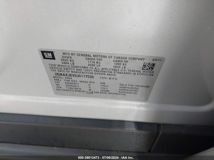 2018 Chevrolet Equinox Lt VIN: 2GNAXJEV2J6117590 Lot: 39813473