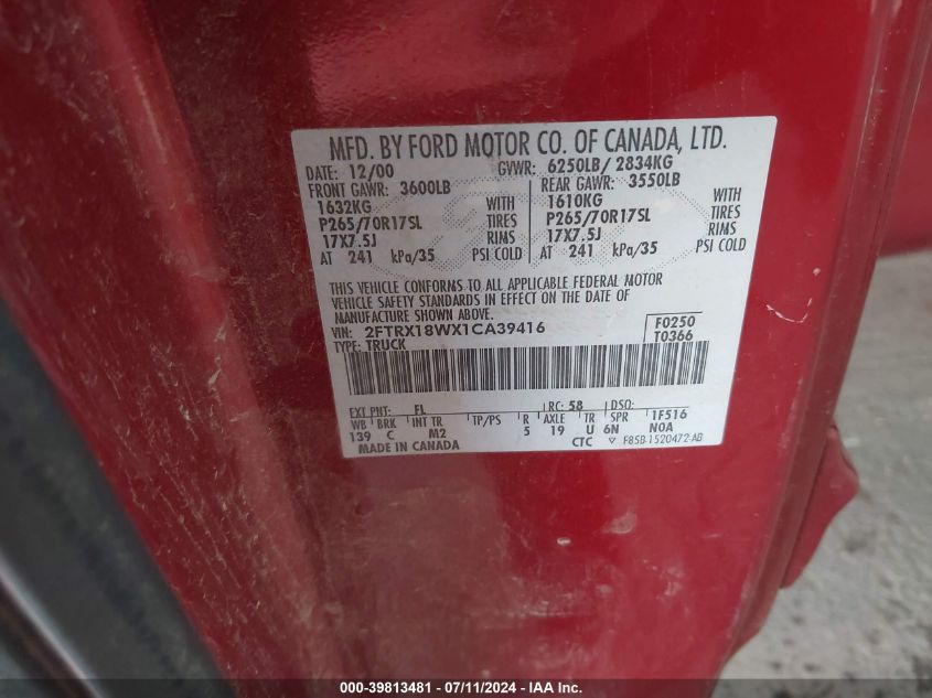 2001 Ford F-150 Lariat/Xl/Xlt VIN: 2FTRX18WX1CA39416 Lot: 39813481