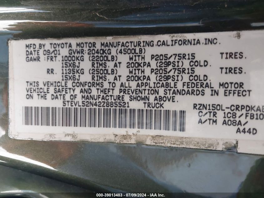 2002 Toyota Tacoma Xtracab VIN: 5TEVL52N42Z885521 Lot: 39813483