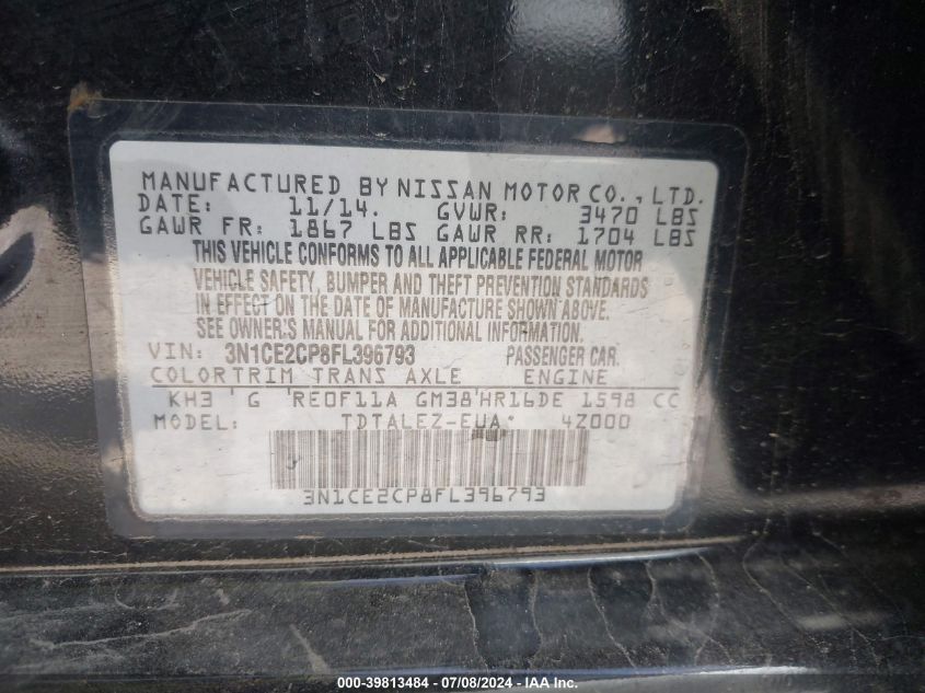 2015 Nissan Versa Note S/S Plus/Sv/Sl/Sr VIN: 3N1CE2CP8FL396793 Lot: 39813484