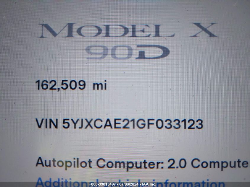 2016 Tesla Model X VIN: 5YJXCAE21GF033123 Lot: 39813497