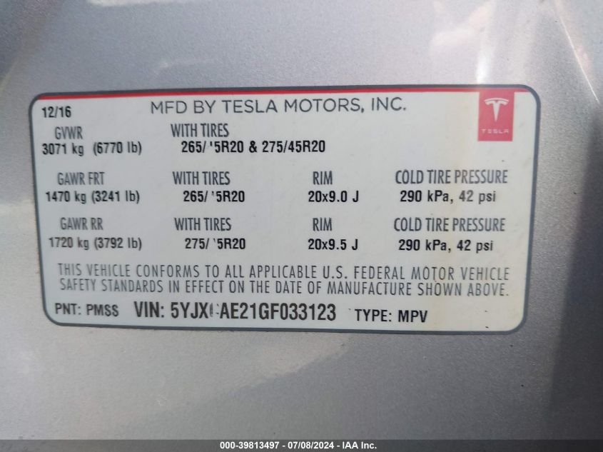 2016 Tesla Model X VIN: 5YJXCAE21GF033123 Lot: 39813497