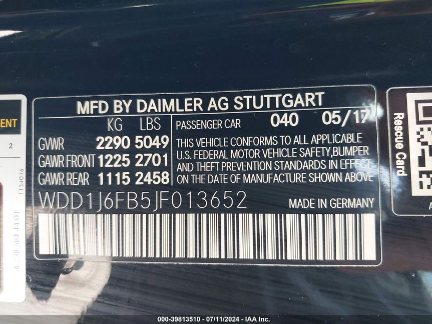 2018 Mercedes-Benz E 400 VIN: WDD1J6FB5JF013652 Lot: 39813510