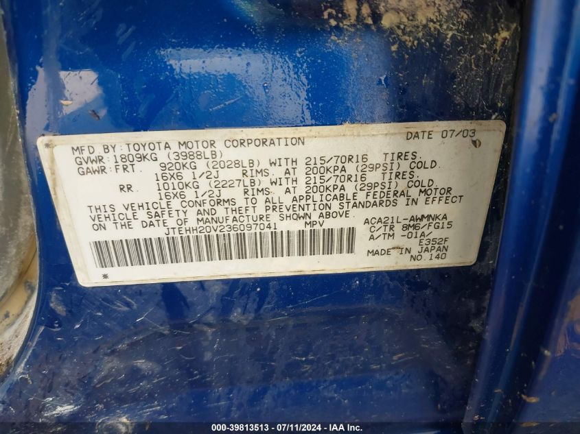 2003 Toyota Rav4 VIN: JTEHH20V236097041 Lot: 39813513