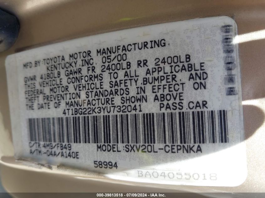 2000 Toyota Camry Ce/Le/Xle VIN: 4T1BG22K3YU732041 Lot: 39813518