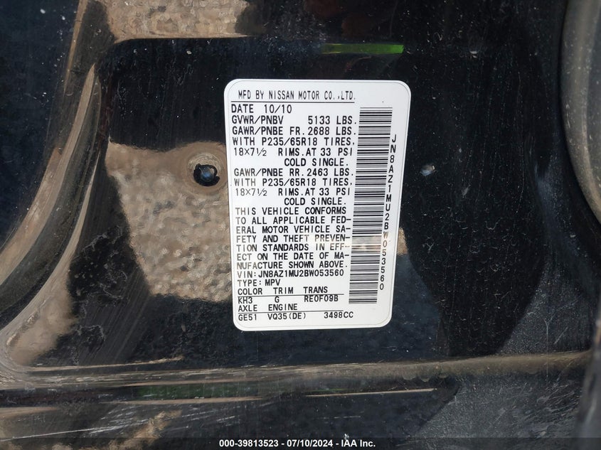 2011 Nissan Murano Sl VIN: JN8AZ1MU2BW053560 Lot: 39813523