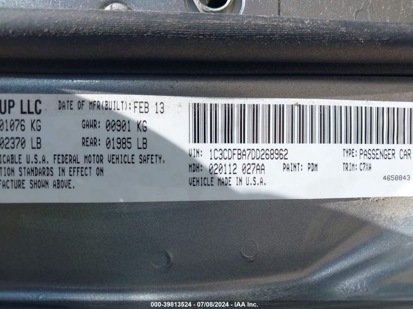 2013 Dodge Dart Rallye VIN: 1C3CDFBA7DD268962 Lot: 39813524