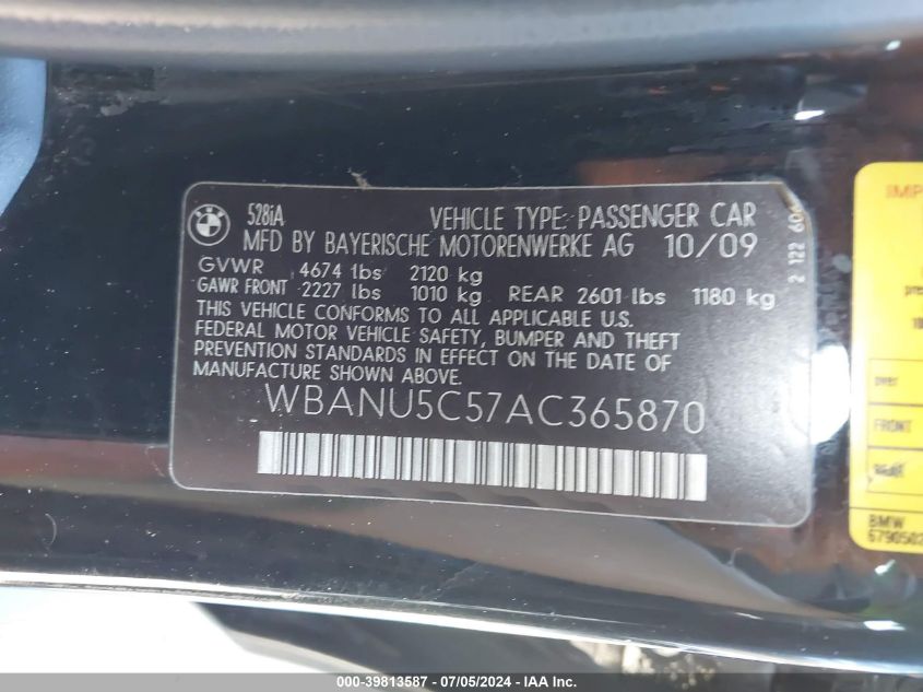 2010 BMW 528I VIN: WBANU5C57AC365870 Lot: 39813587