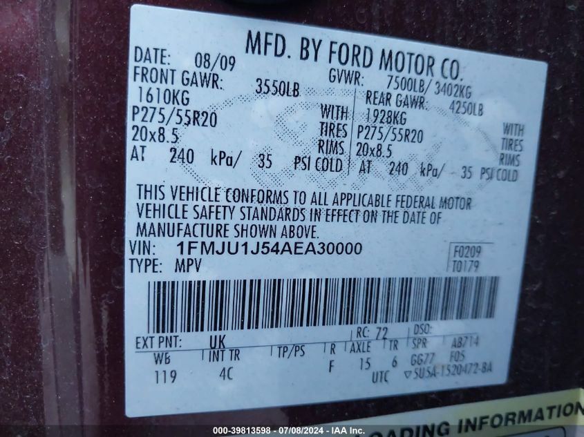 2010 Ford Expedition Eddie Bauer VIN: 1FMJU1J54AEA30000 Lot: 39813598