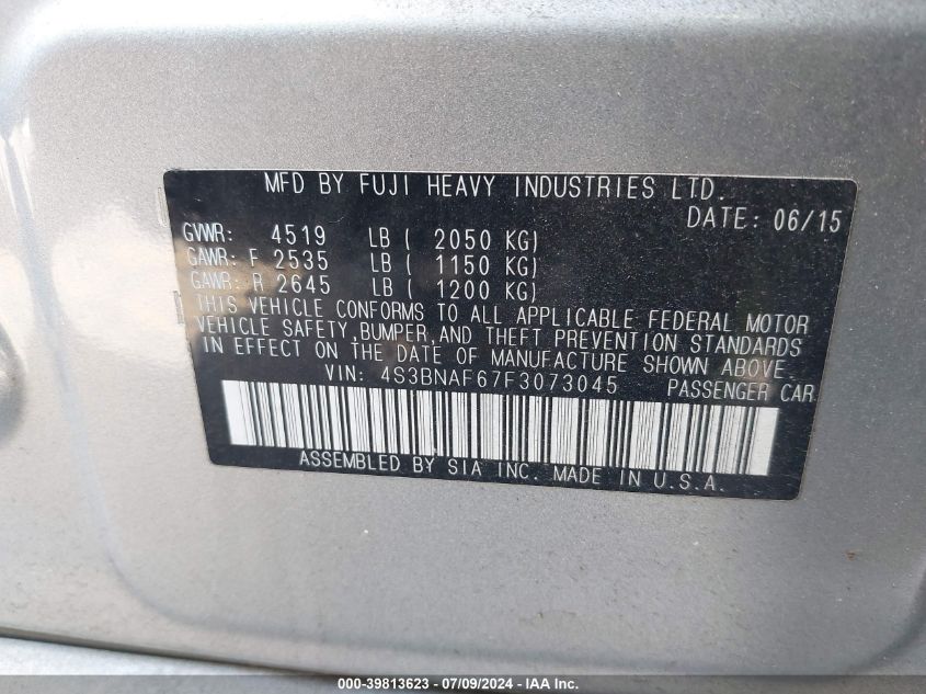 2015 Subaru Legacy 2.5I Premium VIN: 4S3BNAF67F3073045 Lot: 39813623