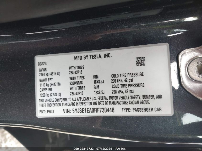 2024 Tesla Model 3 VIN: 5YJ3E1EA0RF730446 Lot: 39813723