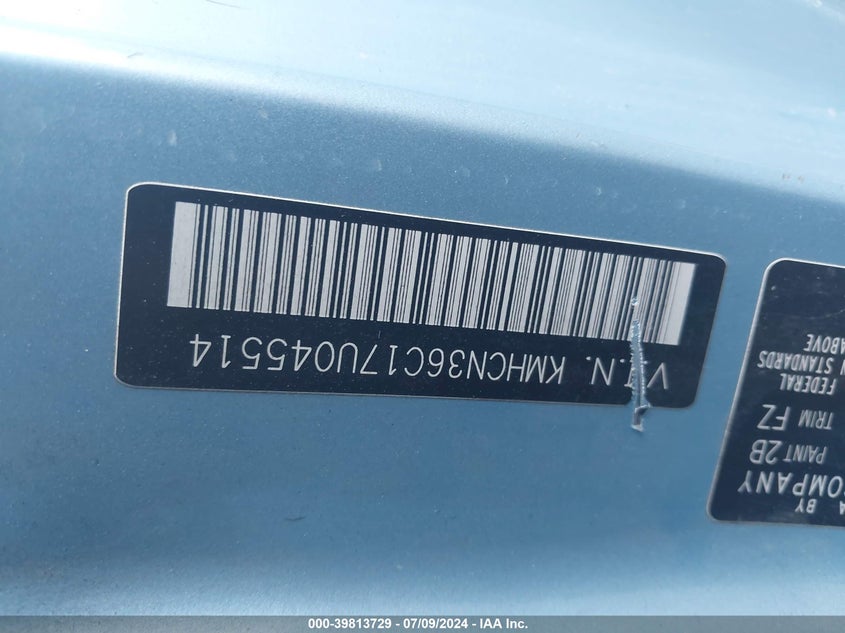 2007 Hyundai Accent Se VIN: KMHCN36C17U045514 Lot: 39813729