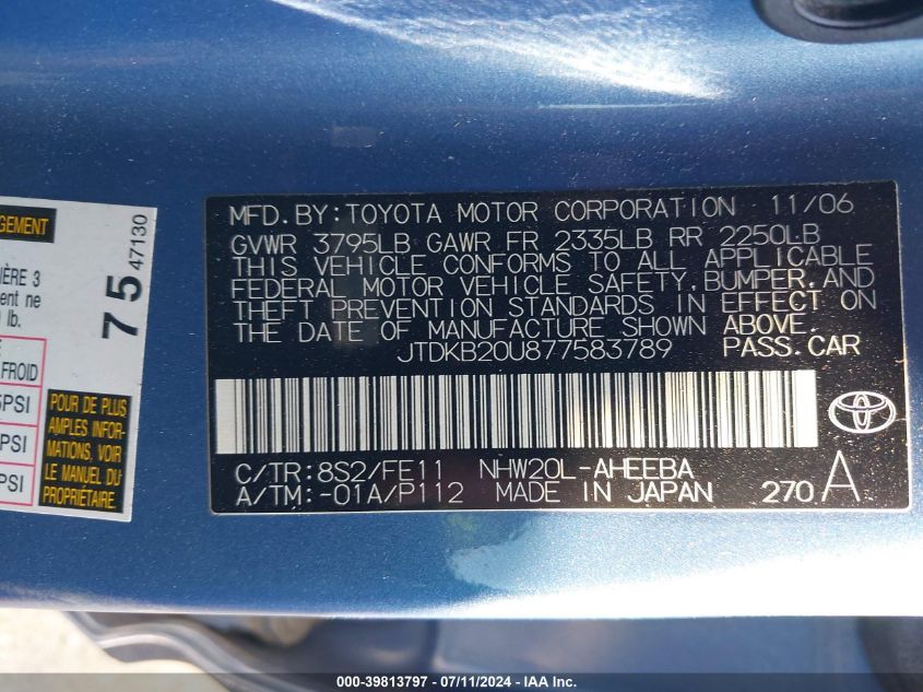 2007 Toyota Prius VIN: JTDKB20U877583789 Lot: 39813797