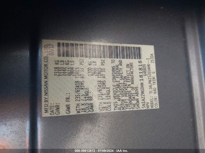 2017 Nissan Murano S/Sl/Sv/Platinum VIN: 5N1AZ2MG0HN181818 Lot: 39813812