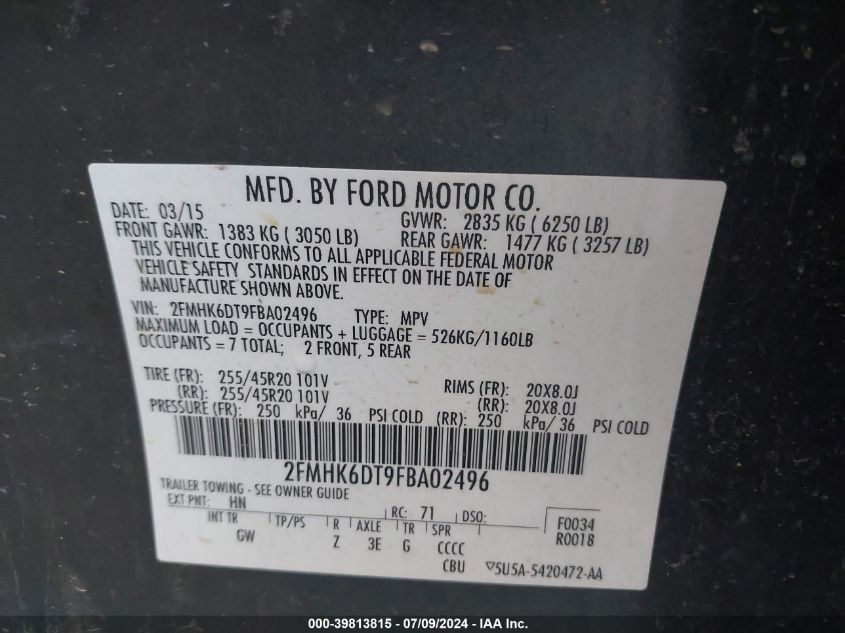 2015 Ford Flex Limited VIN: 2FMHK6DT9FBA02496 Lot: 39813815