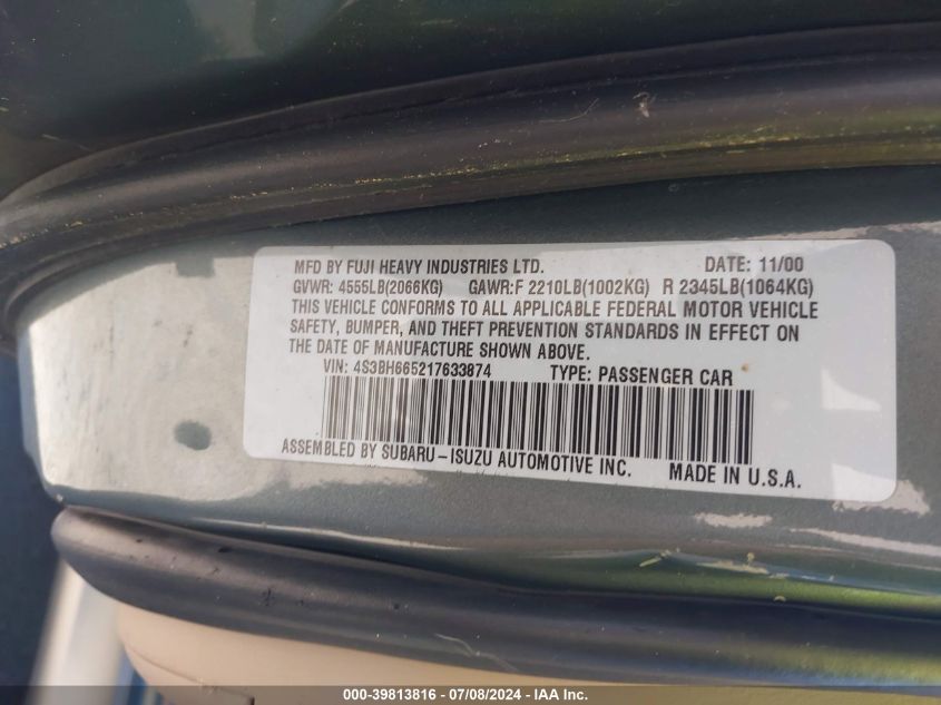 2001 Subaru Outback VIN: 4S3BH665217633874 Lot: 39813816