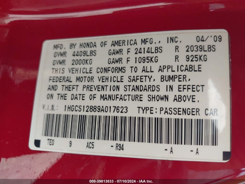 2009 Honda Accord 2.4 Ex-L VIN: 1HGCS12889A017623 Lot: 39813833