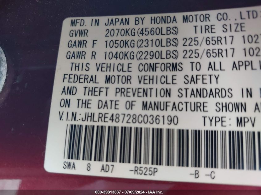 2008 Honda Cr-V Ex-L VIN: JHLRE48728C036190 Lot: 39813837