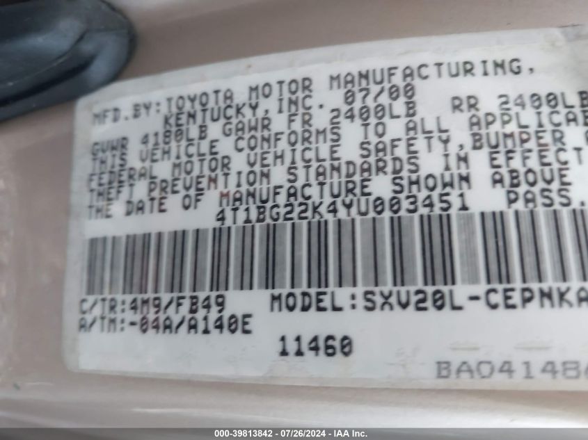 2000 Toyota Camry Le VIN: 4T1BG22K4YU003451 Lot: 39813842