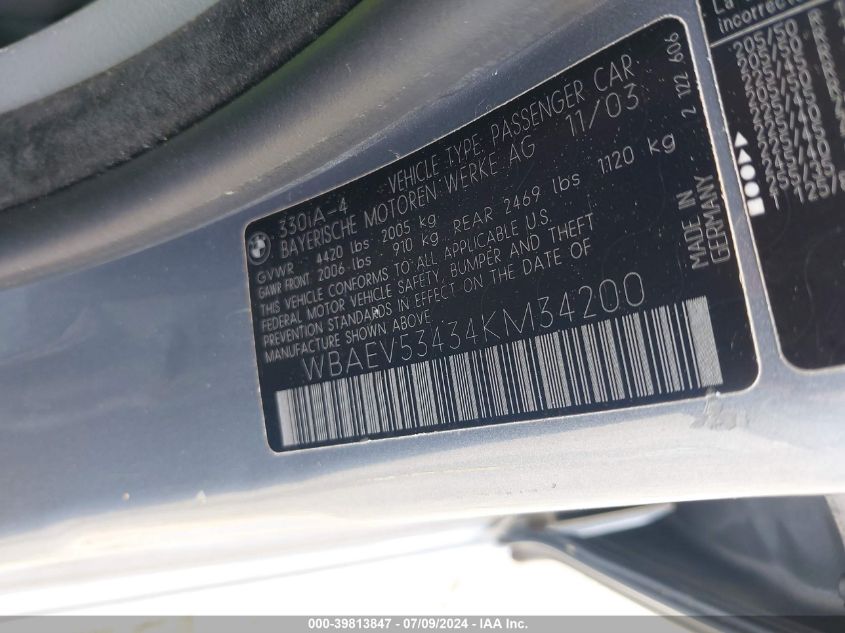 2004 BMW 330I VIN: WBAEV53434KM34200 Lot: 39813847