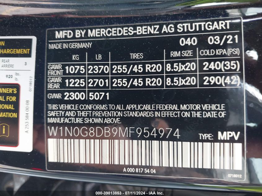 2021 Mercedes-Benz Glc 300 Suv VIN: W1N0G8DB9MF954974 Lot: 39813853