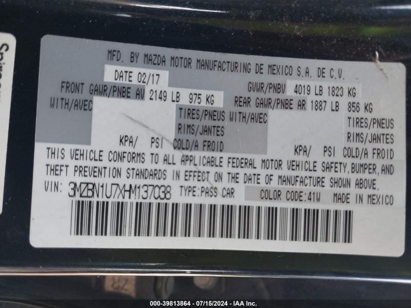 2017 Mazda Mazda3 Sport VIN: 3MZBN1U7XHM137038 Lot: 39813864