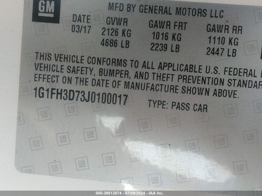 2018 Chevrolet Camaro Ss VIN: 1G1FH3D73J0100017 Lot: 39813874