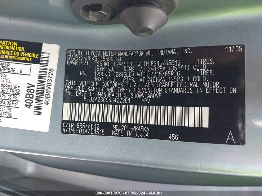 2006 Toyota Sienna Ce VIN: 5TDZA23C96S422361 Lot: 39813876