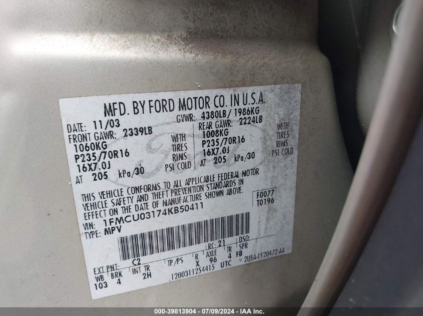 2004 Ford Escape Xlt VIN: 1FMCU03174KB50411 Lot: 39813904