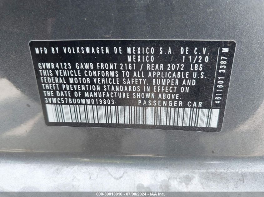 2021 Volkswagen Jetta S/Se/R-Line VIN: 3VWC57BU0MM019803 Lot: 39813910