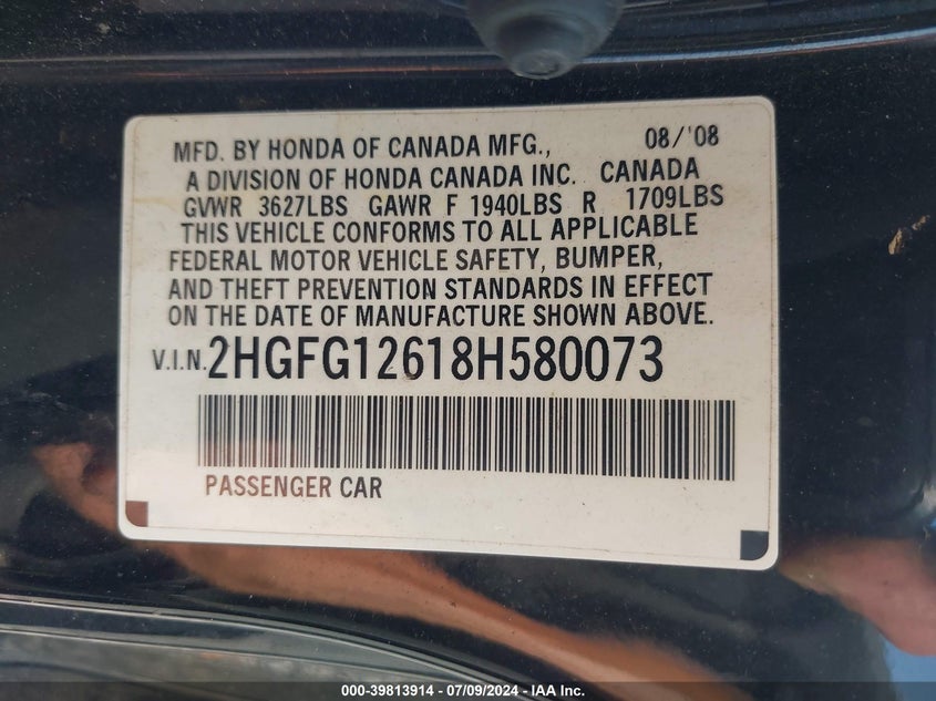 2008 Honda Civic Lx VIN: 2HGFG12618H580073 Lot: 39813914
