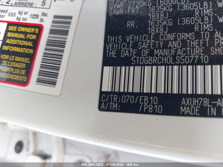 2020 Toyota Highlander Hybrid Xle VIN: 5TDGBRCH0LS507710 Lot: 39813932