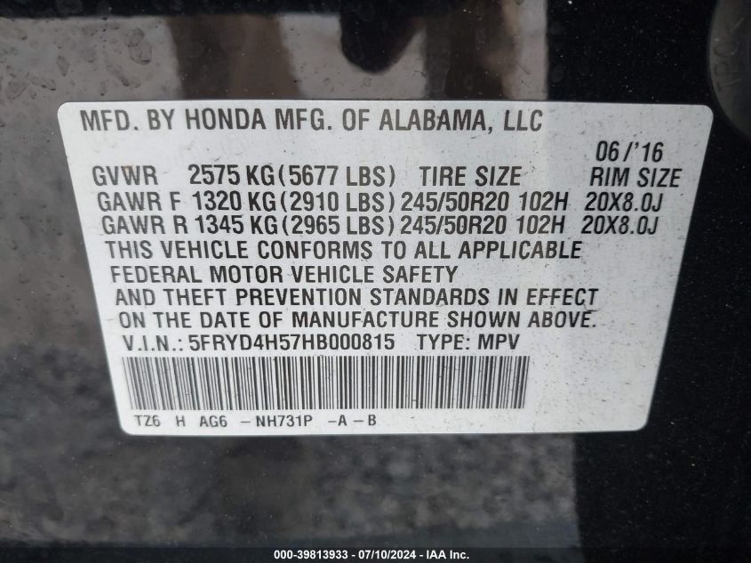 2017 Acura Mdx Technology VIN: 5FRYD4H57HB000815 Lot: 39813933