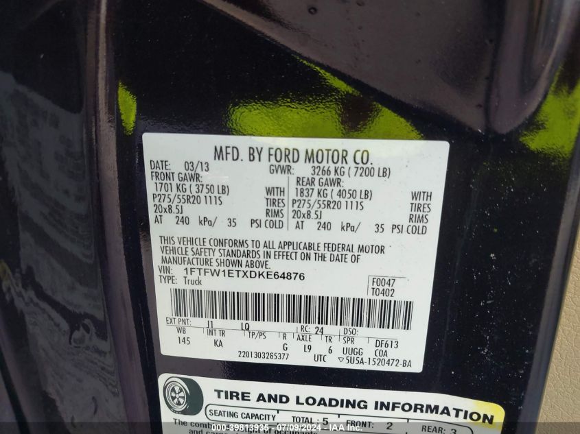 2013 Ford F-150 Supercrew VIN: 1FTFW1ETXDKE64876 Lot: 39813935