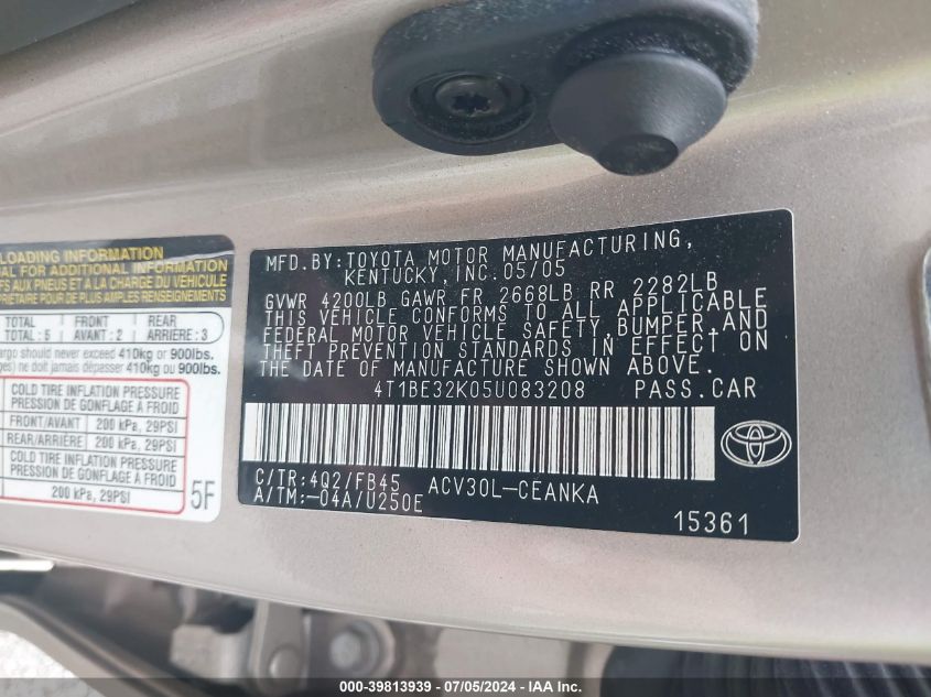 2005 Toyota Camry Le VIN: 4T1BE32K05U083208 Lot: 39813939