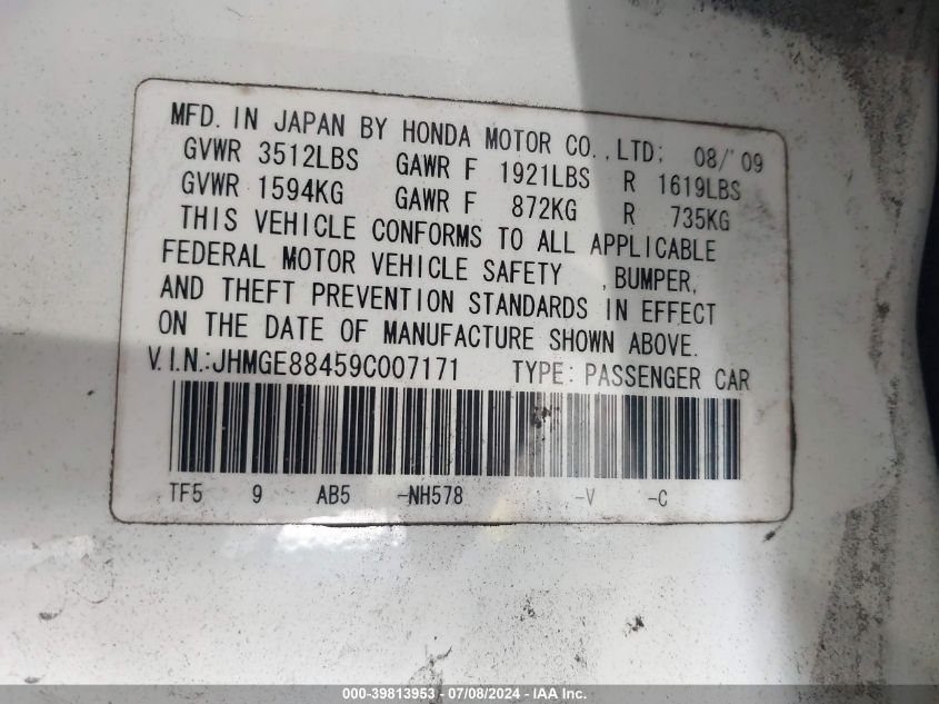 2009 Honda Fit Sport VIN: JHMGE88459C007171 Lot: 39813953