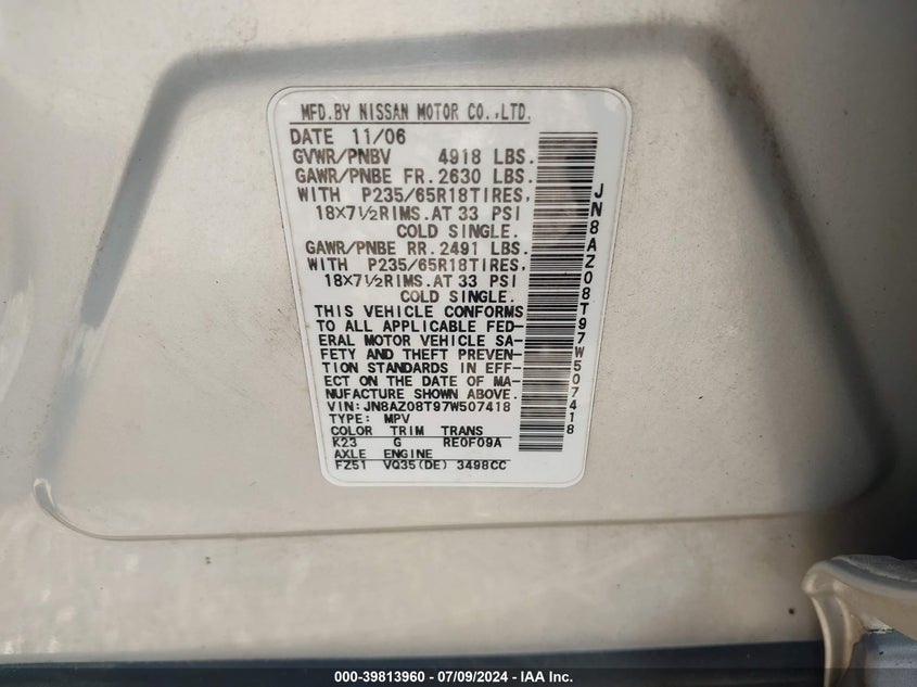 2007 Nissan Murano S VIN: JN8AZ08T97W507418 Lot: 39813960