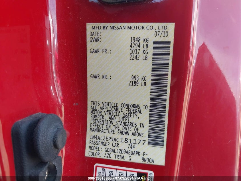 2010 Nissan Altima 2.5 S VIN: 1N4AL2EP5AC181177 Lot: 39813963