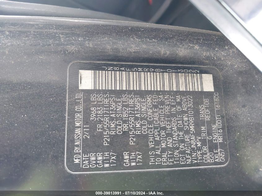 2011 Nissan Juke S/Sv/Sl VIN: JN8AF5MR9BT013022 Lot: 39813991