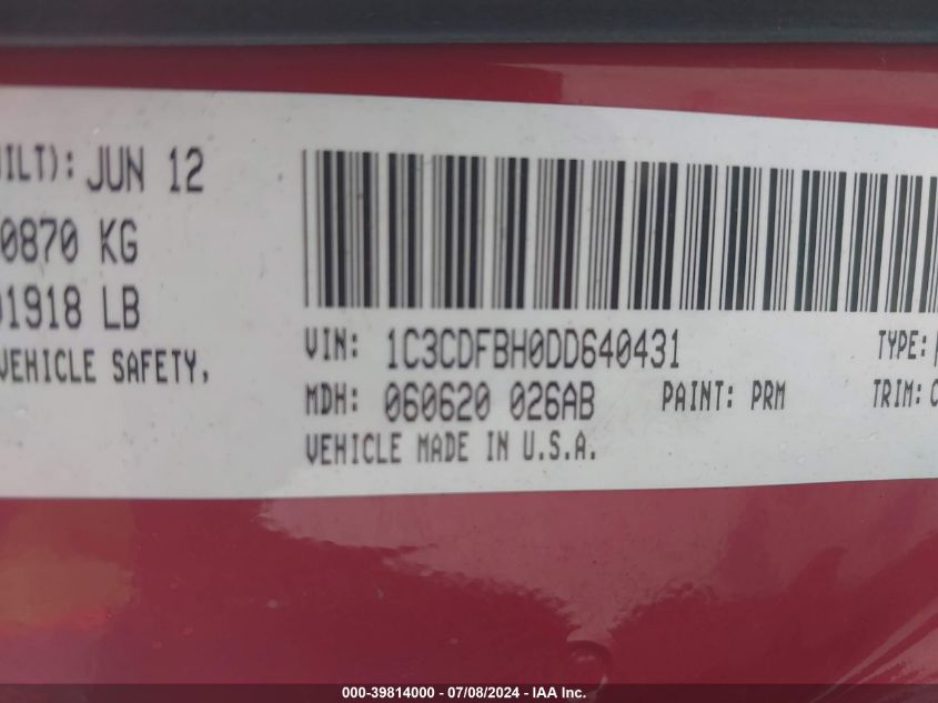 2013 Dodge Dart Rallye VIN: 1C3CDFBH0DD640431 Lot: 39814000