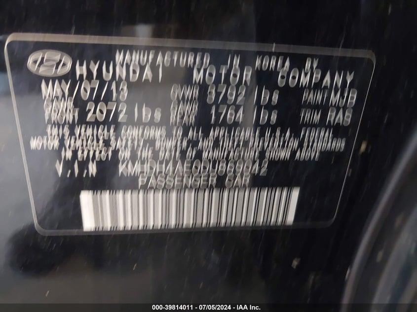 2013 Hyundai Elantra Gls VIN: KMHDH4AE0DU869042 Lot: 39814011