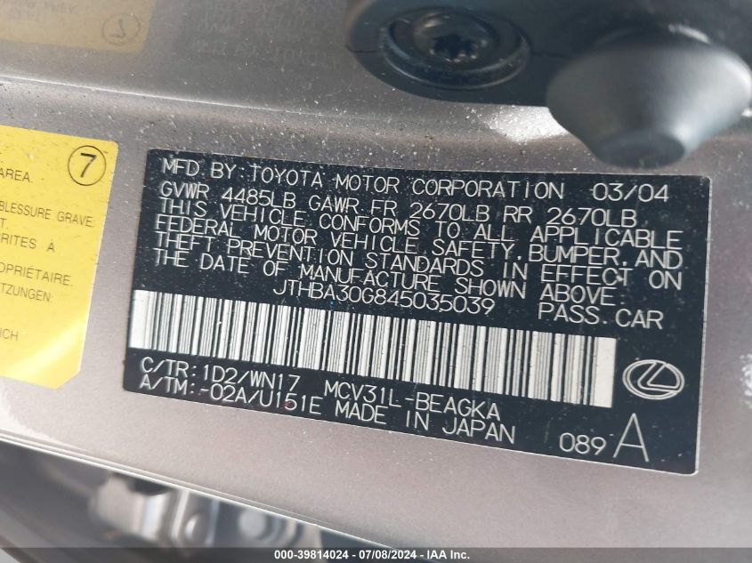 2004 Lexus Es 330 VIN: JTHBA30G845035039 Lot: 39814024