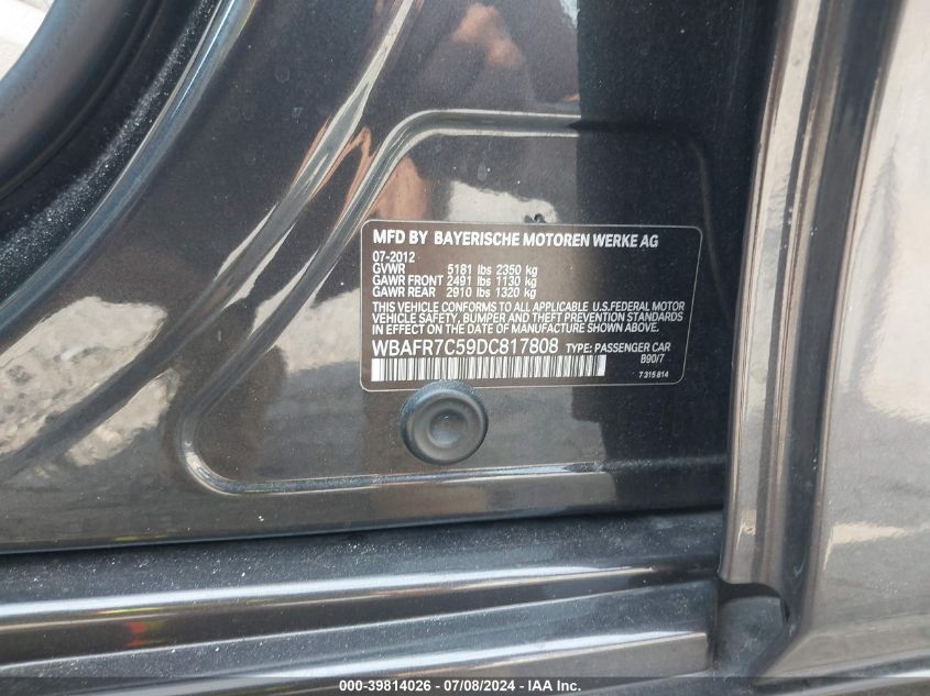 2013 BMW 535I VIN: WBAFR7C59DC817808 Lot: 39814026